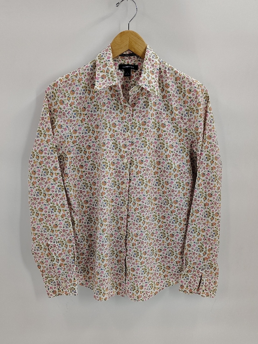 Lands' End Button Down Top Size 8 Floral Print 100% Cotton Fitted Long Sleeve